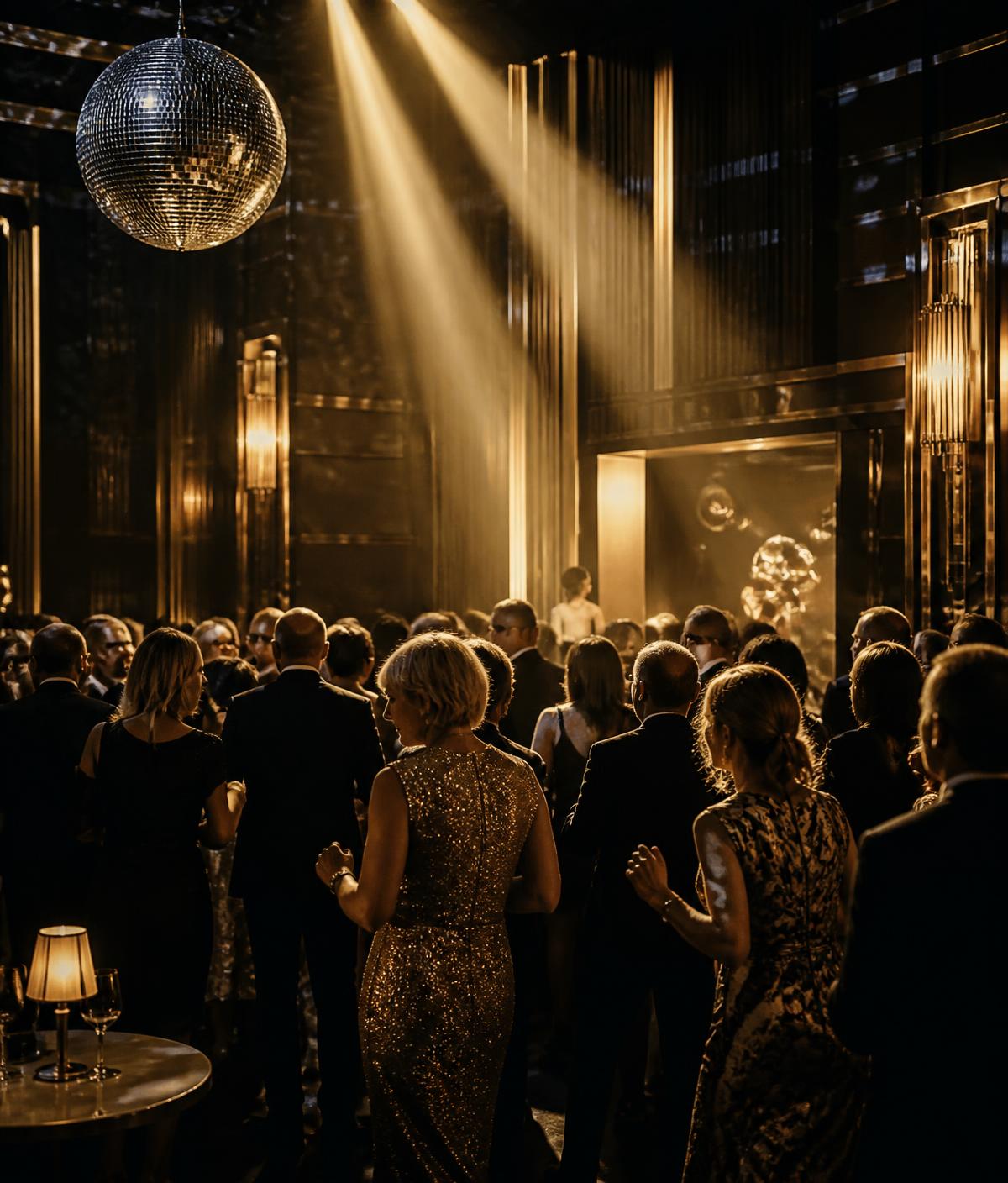 Invités dansant sous des lumières dorées