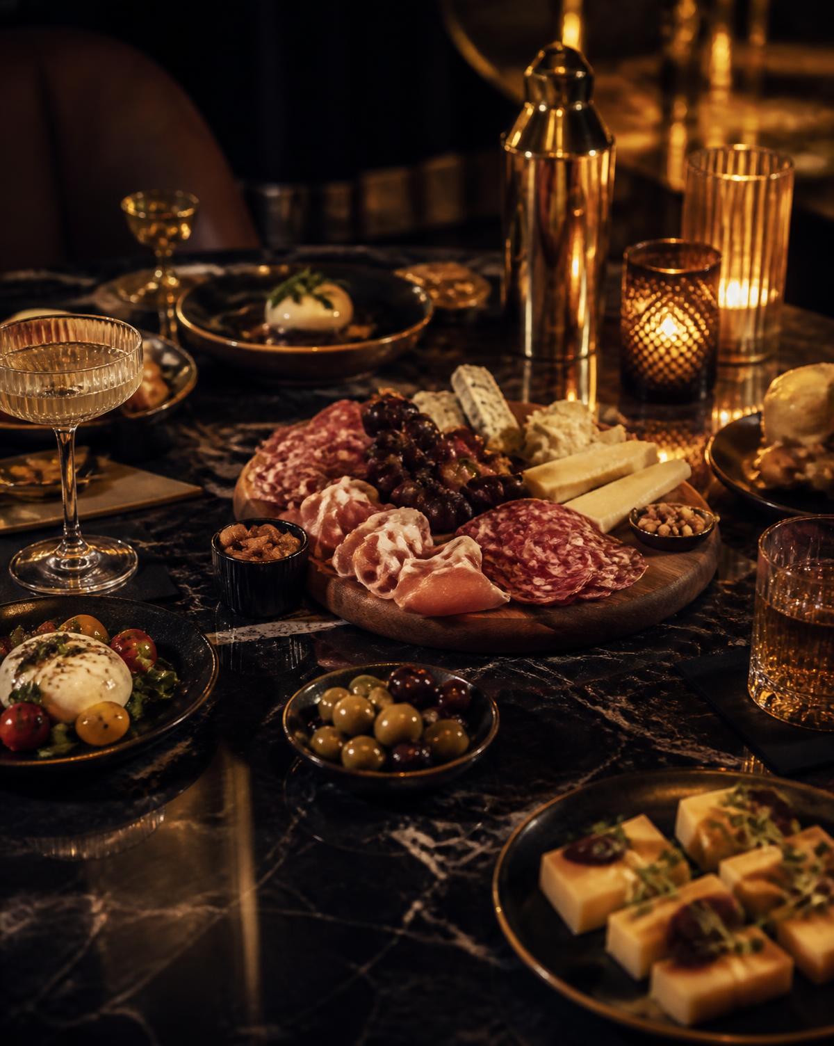 Assiettes à partager et verres dans une ambiance chaleureuse